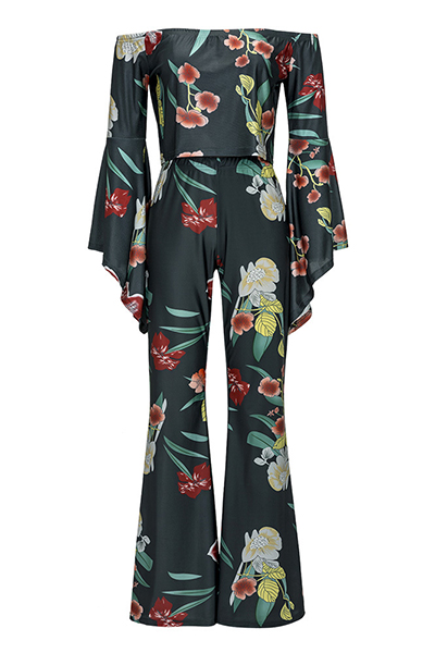 Charming Bateau Neck Long Sleeves Floral Print Black Polyester Two-piece Pants Set