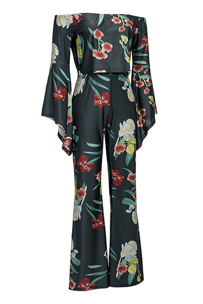 Charming Bateau Neck Long Sleeves Floral Print Black Polyester Two-piece Pants Set