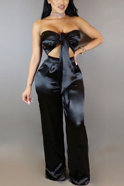 Charming Dew Shoulder High Waist Black Satin Two-piece Pants Set