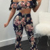 Charming Dew Shoulder Short Sleeves Floral Print Navy Blue Qmilch Two-piece Pants Set
