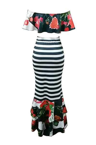 Charming Dew Shoulder Striped Printed Multi Healthy Two-piece Skirt Set