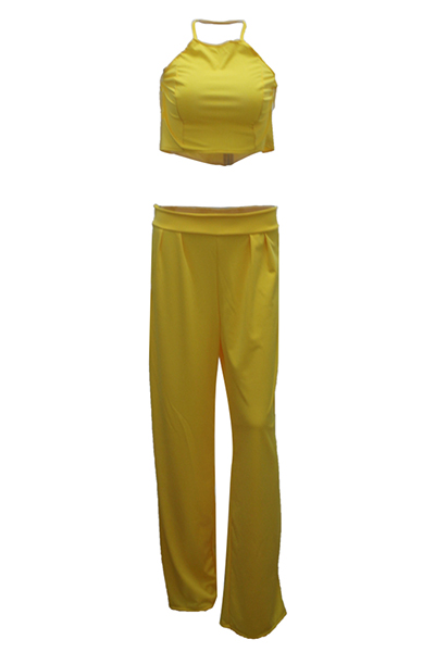 Charming Round Neck Sleeveless Ruched Yellow Twilled Satin Two-piece Pants Set