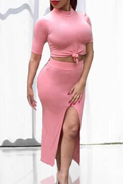 Cheap Fashion O Neck Short Sleeves Lantern Skirt Pink  Blending  Ankle Length Dress