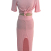 Cheap Fashion O Neck Short Sleeves Lantern Skirt Pink  Blending  Ankle Length Dress