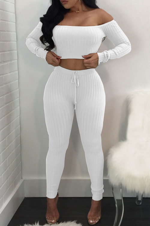 Euramerican Dew Shoulder White Cotton Two-piece Pants Set