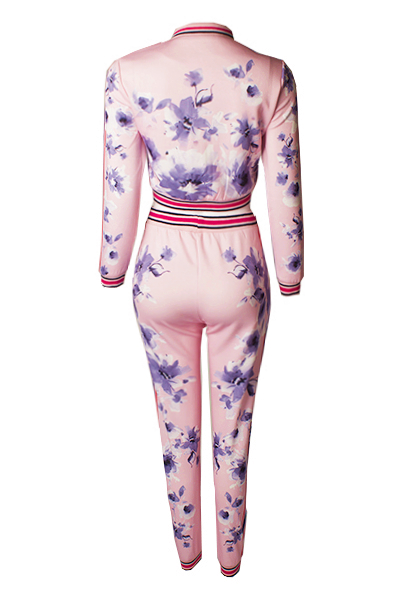 Euramerican Round Neck Long Sleeves Printed Pink Polyester Two-piece Pants Set