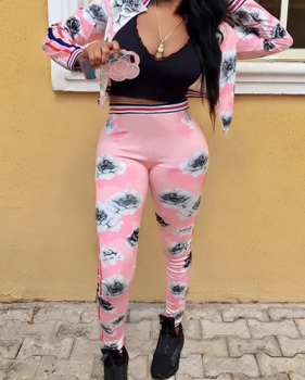 Euramerican Round Neck Long Sleeves Printed Pink Polyester Two-piece Pants Set