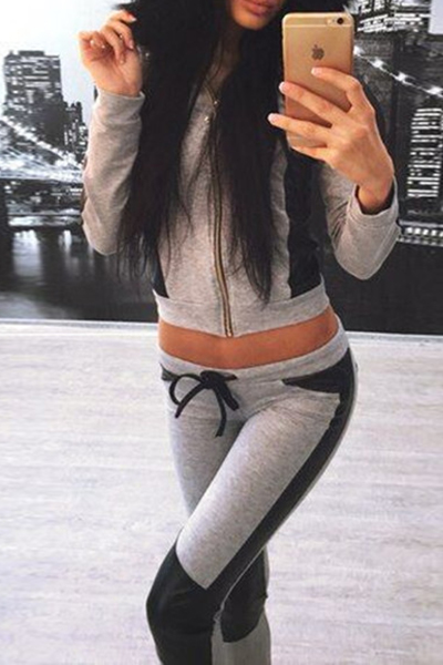 Fashion Long Sleeves Patchwork Grey Knitting Two-piece Pants Set