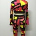 Fashion O Neck Long Sleeves Patchwork Polyester Two-piece Pants Set