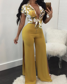 Fashion V Neck Half Sleeves Printed Yellow Cotton Two-piece Pants Set