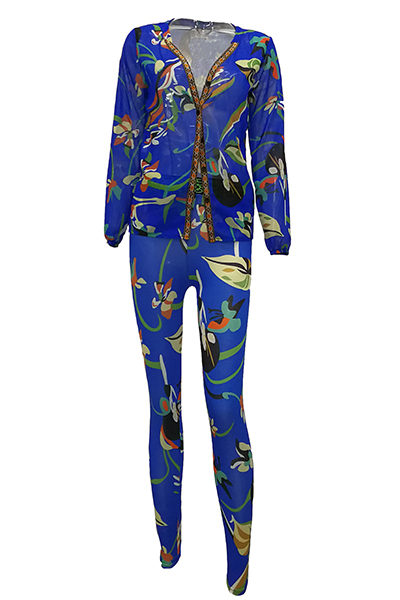 Fashion V Neck Long Sleeves Printed See-Through Blue Chiffon Two-piece Pants Set