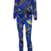 Fashion V Neck Long Sleeves Printed See-Through Blue Chiffon Two-piece Pants Set