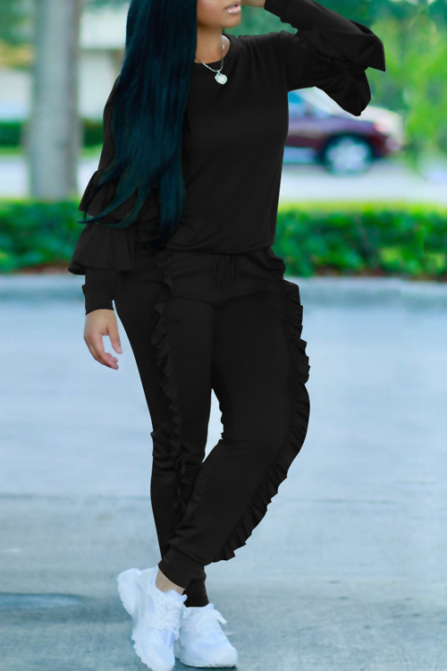 Fashionable Round Neck Ruched Black Blending Two-piece Pants Set