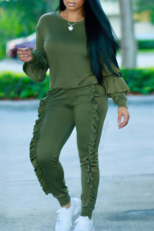 Fashionable Round Neck Ruched Green Blending Two-piece Pants Set