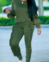 Fashionable Round Neck Ruched Green Blending Two-piece Pants Set