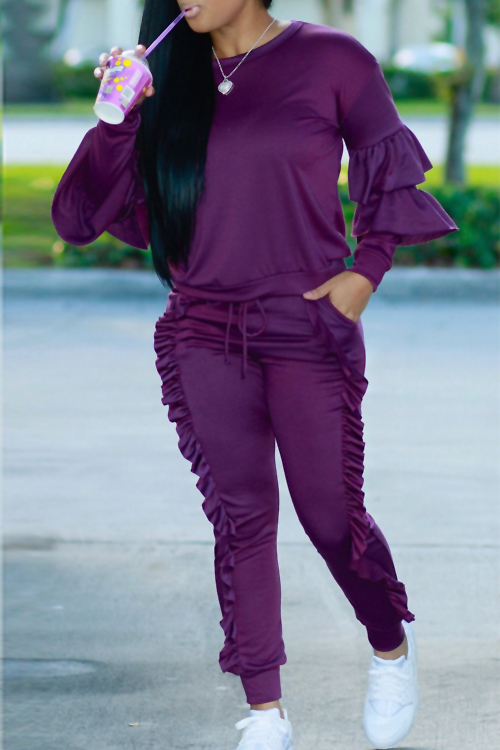 Fashionable Round Neck Ruched Purple Blending Two-piece Pants Set