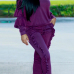 Fashionable Round Neck Ruched Purple Blending Two-piece Pants Set