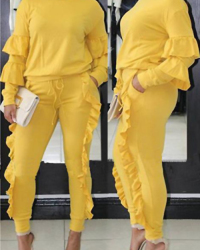 Fashionable Round Neck Ruched Yellow Blending Two-piece Pants Set