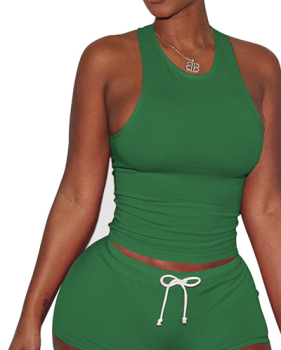 Green Cotton Blend Shorts Solid U Neck Sleeveless Casual Two Pieces