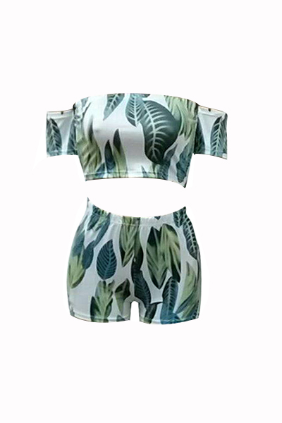 Green Qmilch Shorts Print Bateau Neck Sleeveless Sexy Two Pieces