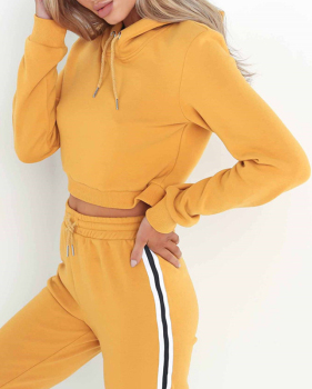 Leisure Hoode Collar Patchwork  Yellow Cotton Two-piece Pants Set