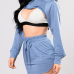 Leisure Hooded Collar Long Sleeves Hollow-out Blue Cotton Two-piece Skirt Set (Without Lining)