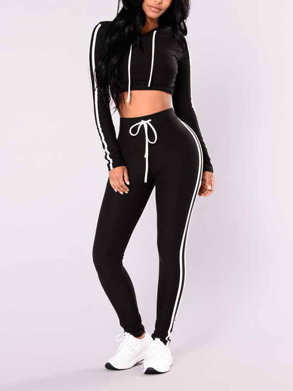 Leisure Long Sleeves Patchwork Black Polyester Two-piece Pants Set