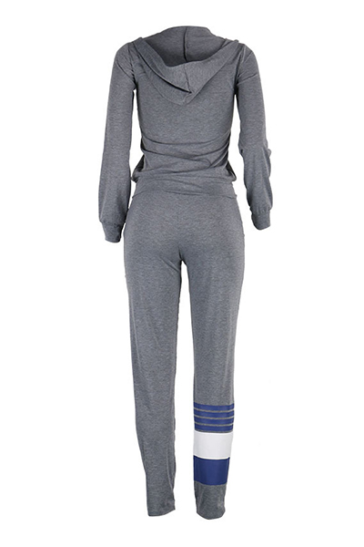 Leisure Long Sleeves Zipper Design Gray Cotton Blend Two-piece Pants Set