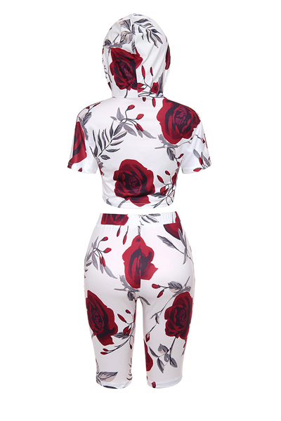 Leisure Rose Printed Red Cotton Two-piece Shorts Set