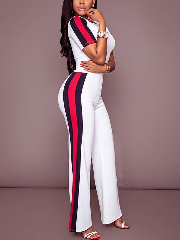 Leisure Round Neck High Waist Patchwork White Polyester Two-piece Pants Set