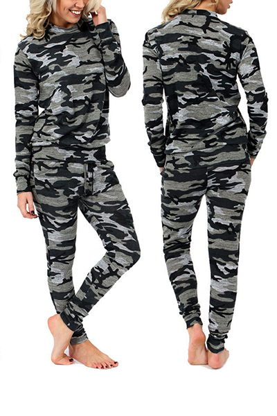 Leisure Round Neck Long Sleeves Camouflage Printed Cotton Two-Piece Pants Set