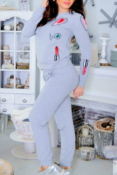 Leisure Round Neck Long Sleeves Printed Grey Knitting Two-piece Pants Set