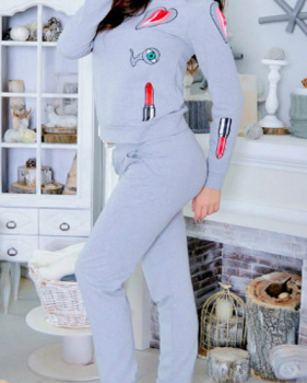 Leisure Round Neck Long Sleeves Printed Grey Knitting Two-piece Pants Set