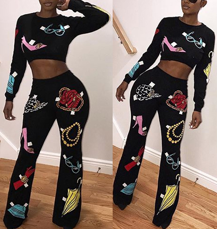 Leisure Round Neck Printed Black Polyester Two-piece Pants Set