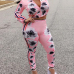 Leisure Round Neck Printed Pink Polyester Two-piece Pants Set