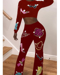 Leisure Round Neck Printed Wine Red Polyester Two-piece Pants Set