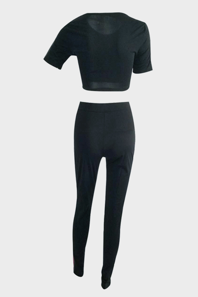 Leisure Round Neck Short Sleeves Patchwork Black Venetian Two-piece Pants Set
