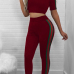 Leisure Round Neck Short Sleeves Patchwork Wine Red Venetian Two-piece Pants Set