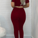 Leisure Round Neck Short Sleeves Patchwork Wine Red Venetian Two-piece Pants Set