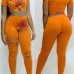 Leisure Round Neck Short Sleeves Printed Hollow-out Orange Polyester Two-piece Pants Set