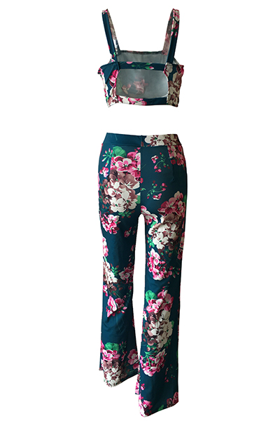 Multi Polyester Pants Print Square Sleeveless Sexy Two Pieces