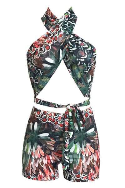 Multi Polyester Shorts Print V Neck Sleeveless Sexy Two Pieces