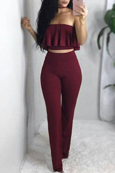 Red Qmilch Pants Solid Bateau Neck Sleeveless Sexy Two Pieces