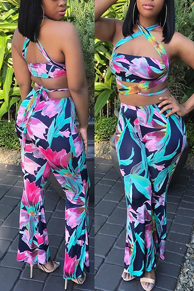 Sexy Bandage Printed Backless Qmilch Two-piece Pants Set
