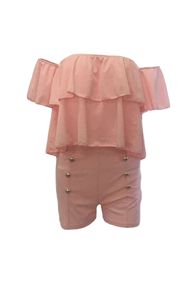 Sexy Bateau Neck Short Sleeves Falbala Design Pink Polyester Two-piece Pants Set
