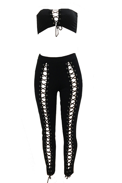 Sexy Bateau Neck Sleeveless Lace-up Hollow-out Black Qmilch Two-piece Pants Set
