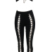 Sexy Bateau Neck Sleeveless Lace-up Hollow-out Black Qmilch Two-piece Pants Set