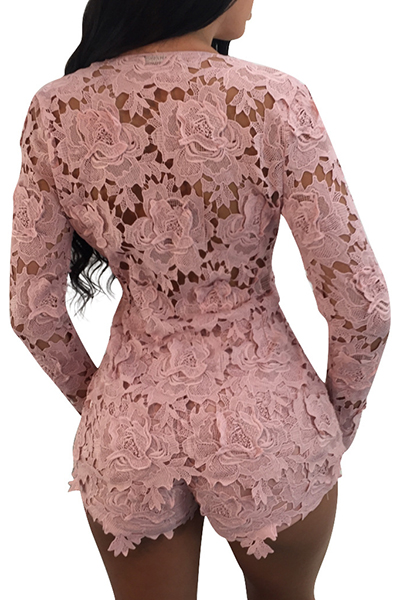 Sexy Deep V Neck Hollow-out Pink Lace Two-piece Shorts Set