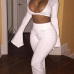 Sexy Deep V Neck Long Sleeves High Waist White Polyester Two-piece Pants Set