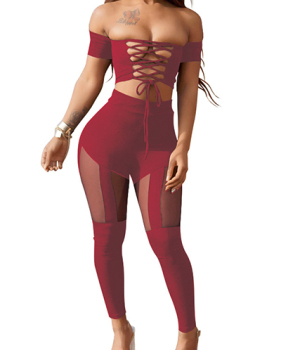 Sexy Dew Shoulder Hollow-out Wine Red Polyester Two-piece Pants Set